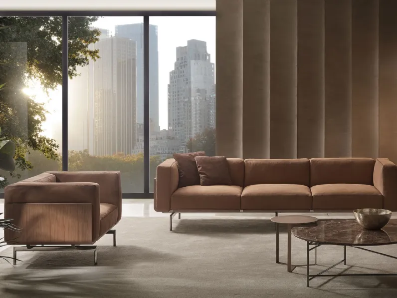 Divano lineare in tessuto con pannelli in legno L-Sofa di Marelli