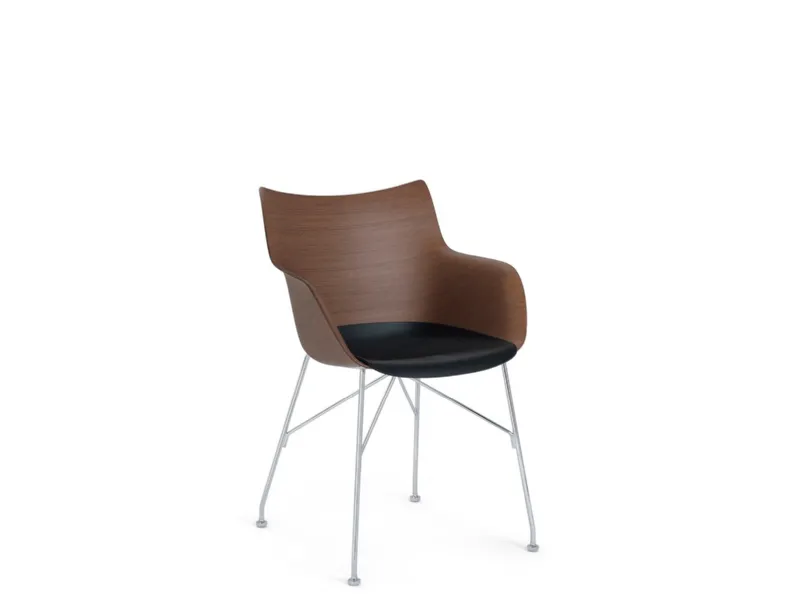 Sedia Q Wood con scocca in legno e base in acciaio cromato di Kartell