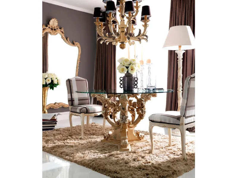 Tavolo con top in vetro e base in legno intagliato 3664 di Silvano Grifoni