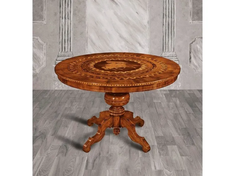 Tavolo rotondo San Giorgio intarsiato con gambone centrale 683-A di Zanini