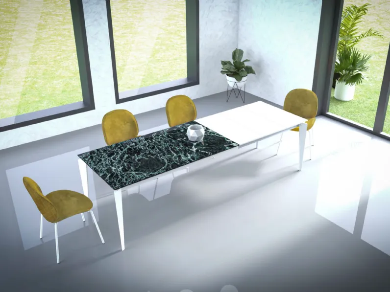 Tavolo in vetroceramica Verde Alpi con prolunghe in laminato Bianco Opaco Stylo 90 160 di Abitare Interior