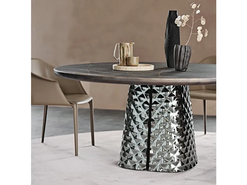 Tavolo con base in cristallo specchiato e piano in ceramica Atrium Keramik Premium Round di Cattelan Italia