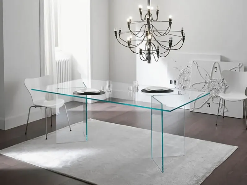 Tavolo in vetro con struttura composta da due sostegni speculari Bacco di Tonelli