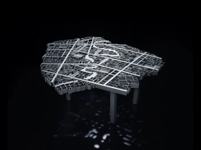 Tavolo di design Baghdad Ispirato alla planimetria della capitale dell’Iraq costituito da centinaia di diversi profili estrusi d’alluminio, saldati artisticamente a mano in modo da formare una singola superficie totalmente traforata di Edra