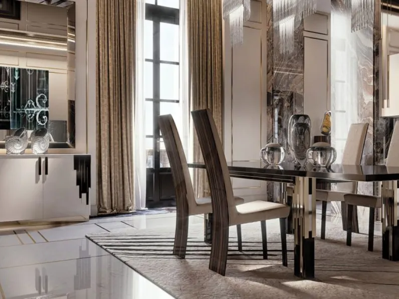 Tavolo in legno laccato lucido con decori in tinta con il piano, contornati da lame in metallo Belle Epoque 72 di ReflexTavolo in legno laccato lucido con decori in tinta con il piano, contornati da lame in metallo Belle Epoque 72 di Reflex