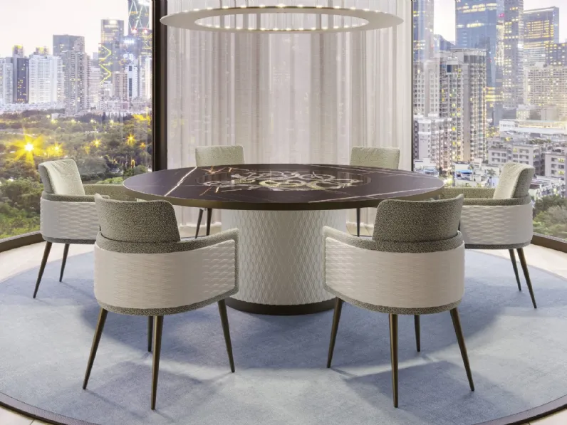 Tavolo rotondo in legno con cover MarmoReflex e Lazy Susan integrato in vetro trasparente con ingranaggi e base cilindrica rivestita in pelle trapuntata Big Ben 72 di Reflex