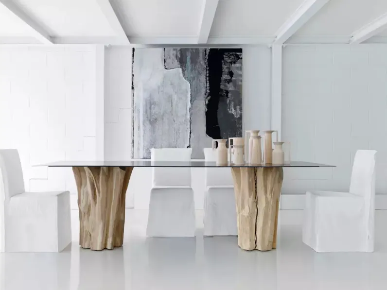 Tavolo Brick 33 in lamiera di ferro cerata e base in sezioni di tronco di Gervasoni