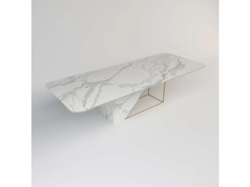 Tavolo rettangolare in cristallo e metallo stampato effetto marmo bianco King Calacatta 02 di Migliorino