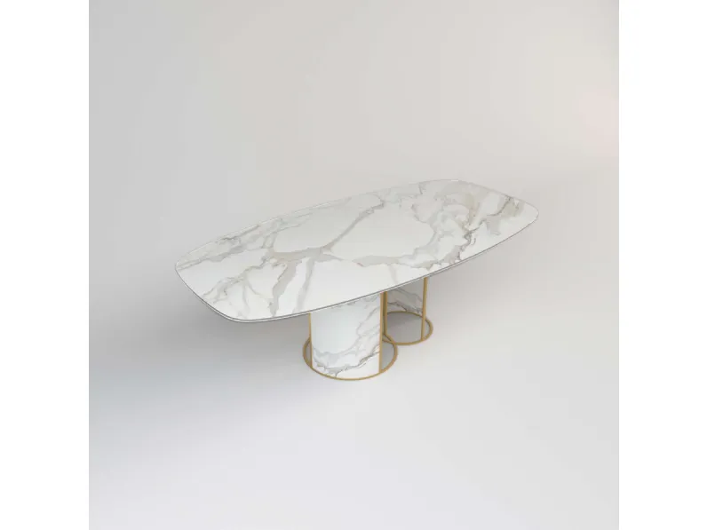 Tavolo a botte con top in cristallo stampato effetto marmo bianco King Calacatta 03 di Migliorino