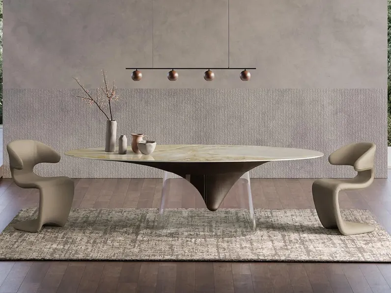 Tavolo di design Calla in ceramica con base in cristallo di Tafaruci