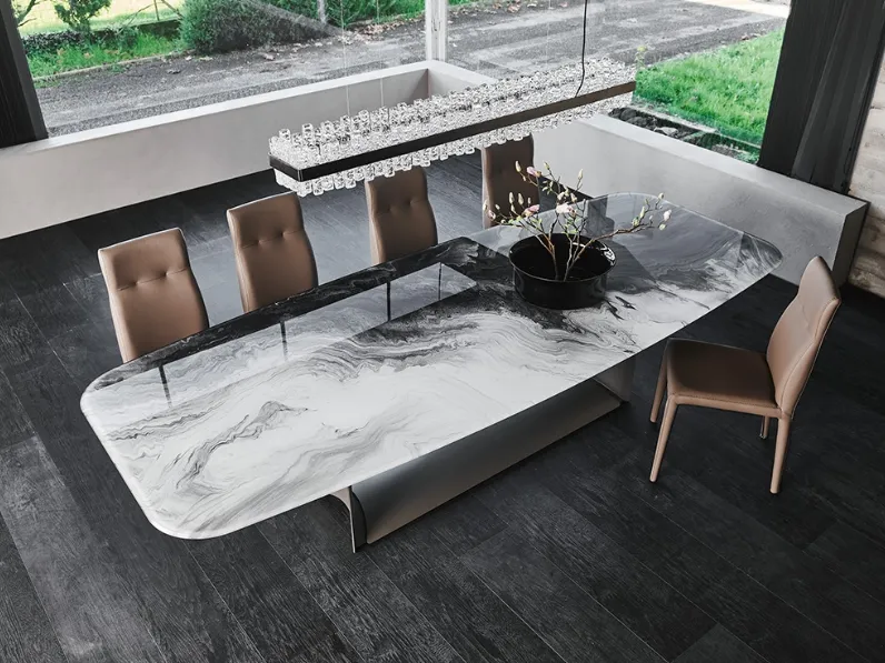 Tavolo con base in acciaio e piano in cristallo con stampa Dragon Crystalart di Cattelan Italia