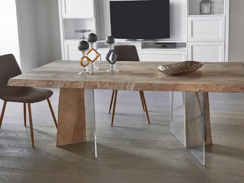 Tavolo rettangolare in legno massello con basamento in legno e vetro trasparente Contemporaneo 01 di Salaiolo