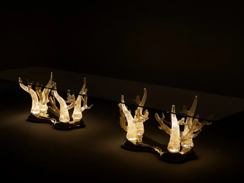 Tavolo di design in vetro extrachiaro con basamento in vetro di Murano oro lavorato a mano Corallo 72 di Reflex