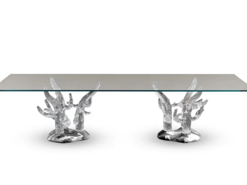 Tavolo di design in vetro extrachiaro con basamento in vetro di Murano lavorato a mano Corallo 72 di Reflex