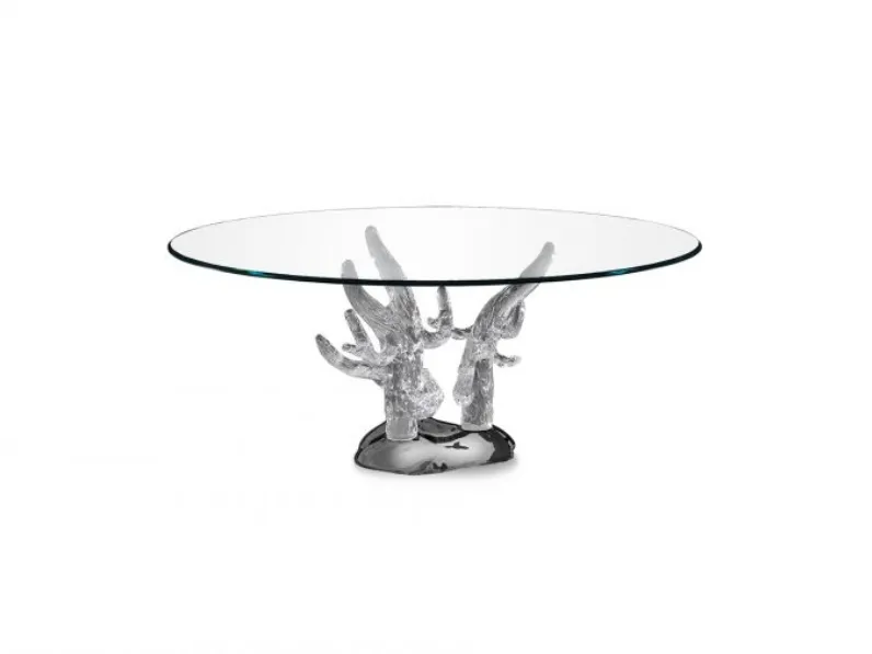 Tavolo rotondo di design in vetro extrachiaro con basamento in vetro di Murano lavorato a mano Corallo 72 di Reflex