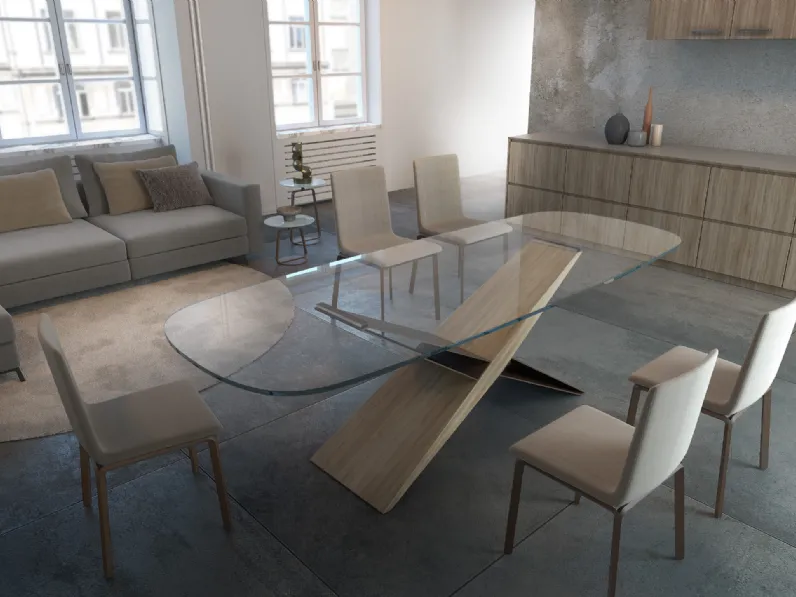Tavolo di design Wing con top in cristallo e base in legno massello di Frassino naturale di Dexo
