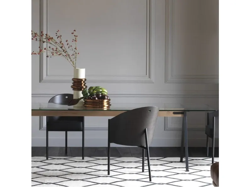 Tavolo Frate con top in vetro e struttura in acciaio e legno di Driade