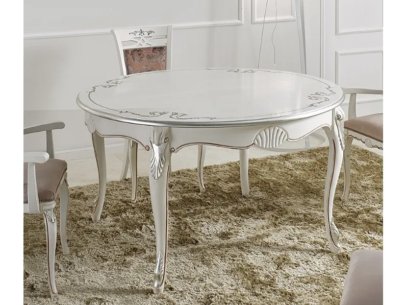 Tavolo rotondo in laccato bianco con intarsi in foglia argento Duchessa 5488 B di Tarocco Vaccari