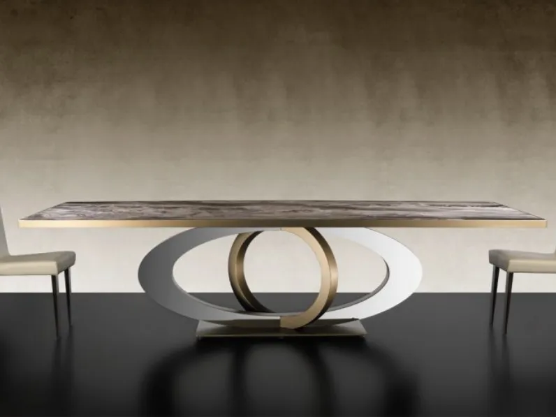 Tavolo rettangolare con top in vetro effetto marmo e base in finitura satinata Galassia 72 di Reflex