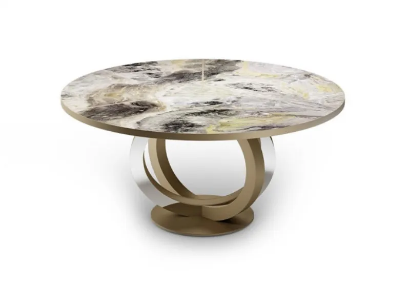 Tavolo rotondo con top in vetro effetto marmo e base in finitura satinata Galassia 72 di Reflex
