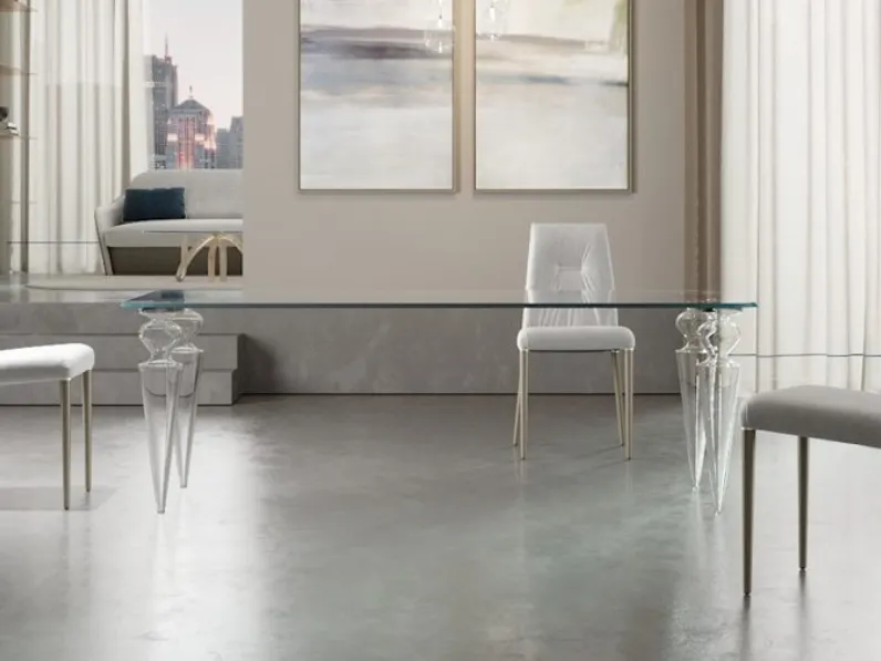 Tavolo in vetro trasparente extrachiaro con gambe in vetro di Murano trasparente liscio Gran Canal 72 di Reflex