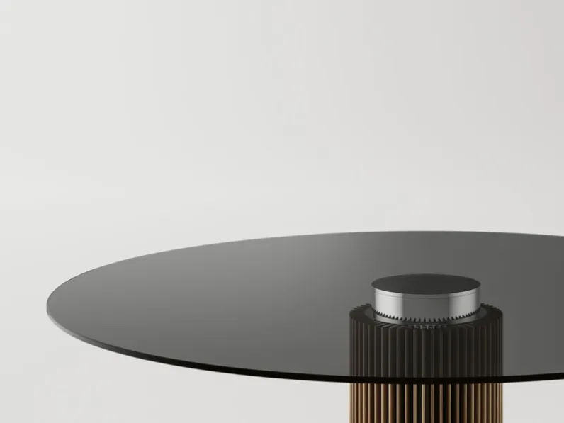 Tavolo in vetro con basamento composto da listelli di legno Hybrid di Tonelli