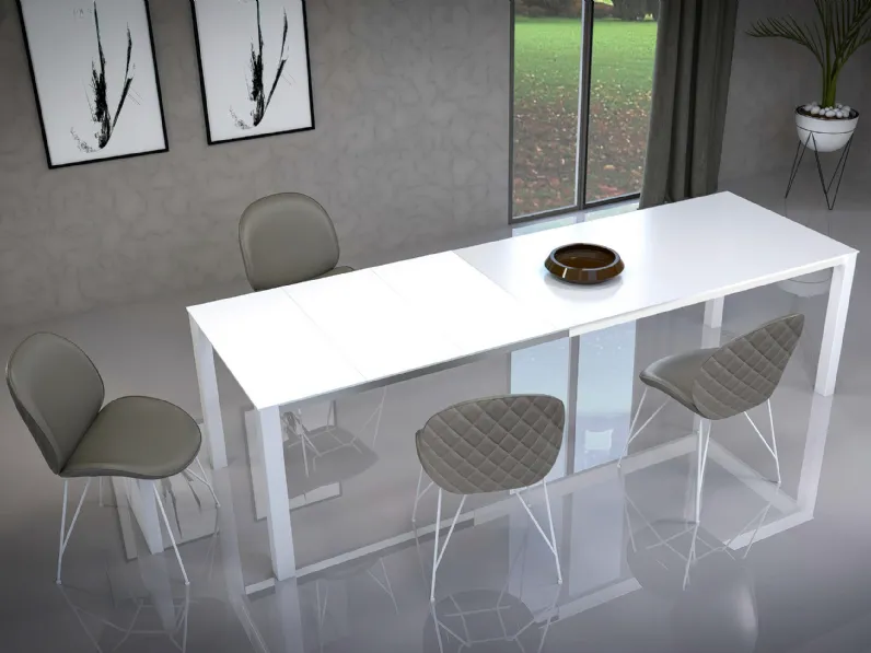 Tavolo allungabile Line 160 in vetro Extrawhite opaco con prolunghe in laminato Bianco di Abitare Interior