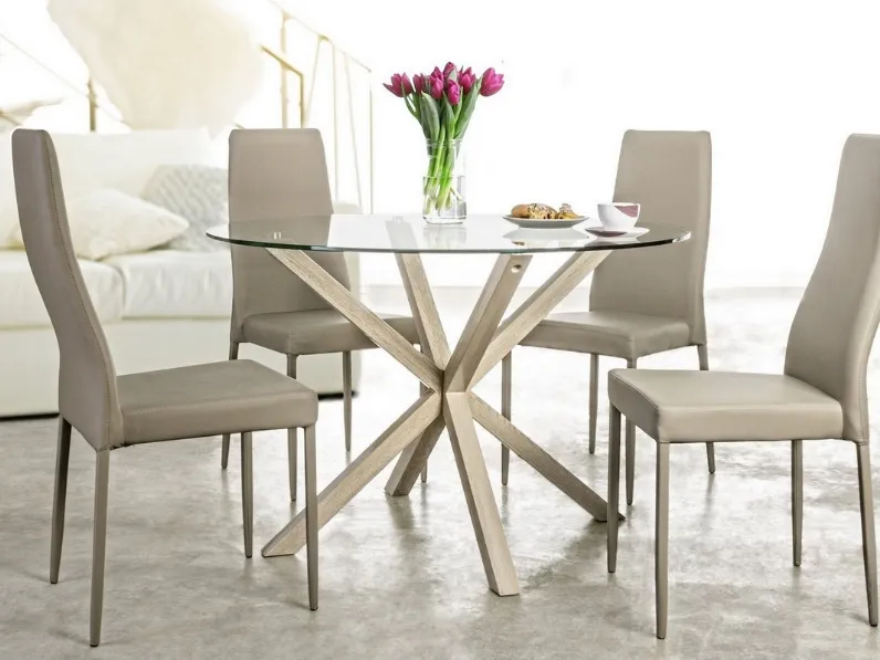 Tavolo rotondo in vetro e acciaio finitura legno May di Bizzotto