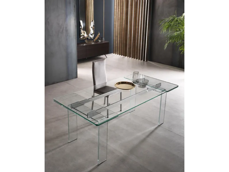 Tavolo allungabile con piano rettangolare in cristallo extrachiaro trasparente, con angoli arrotondati Plano di Riflessi