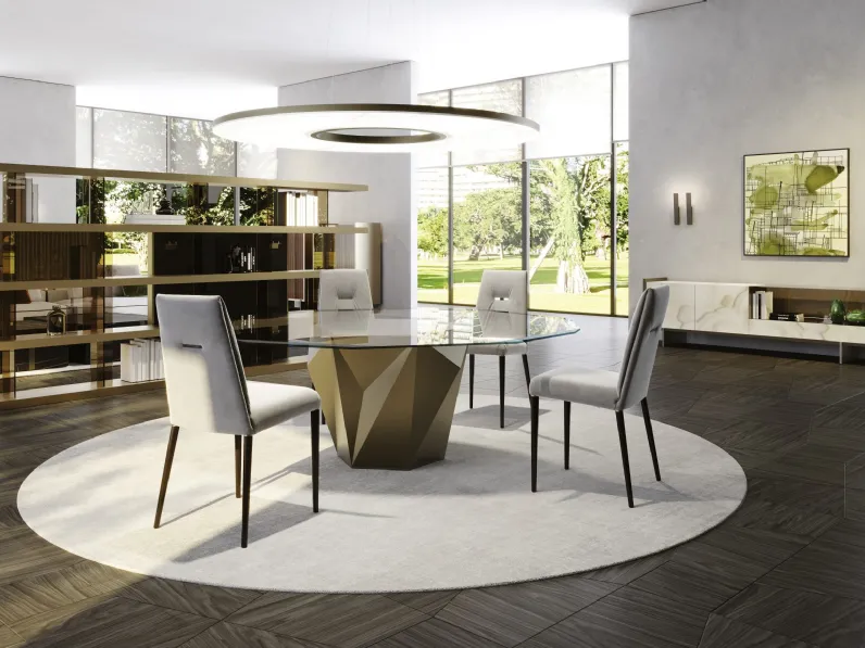 Tavolo rotondo con base in legno finitura ottone satinato e top in vetro trasparente Origami 72 di Reflex