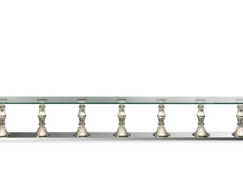 Tavolo con basi ad elementi in cristallo inciso e piano in vetro extrachiaro sagomato Palazzo Ducale 72 di Reflex