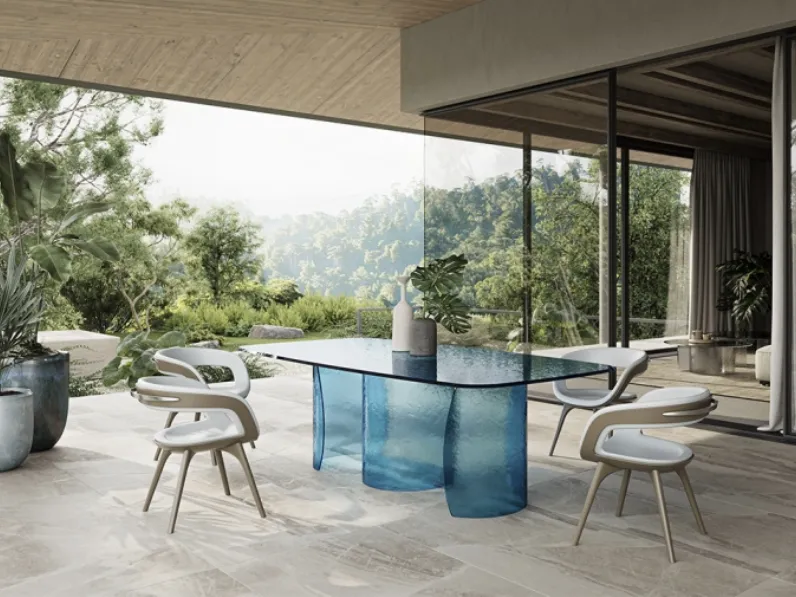 Tavolo Petalo 72 Acqua con top e base in vetro di Reflex