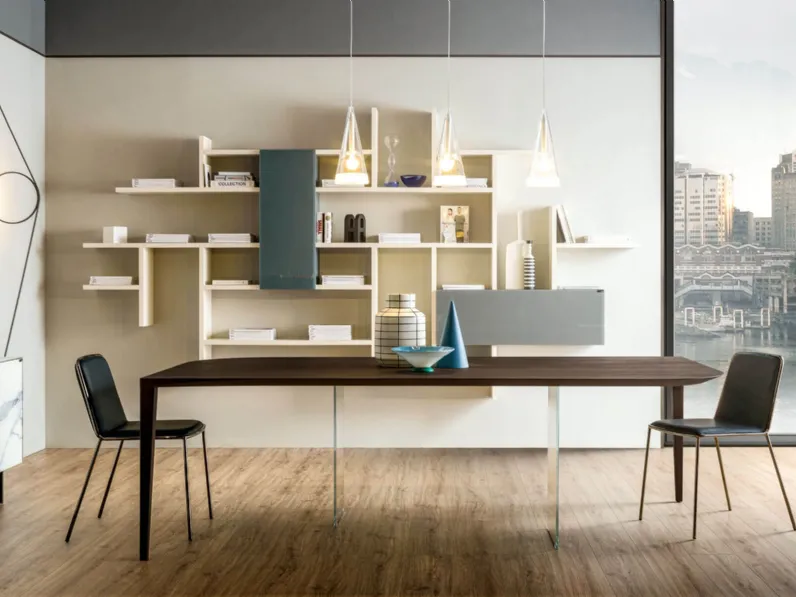 Tavolo P&J 2455 in legno scuro con base in vetro e legno di Lago