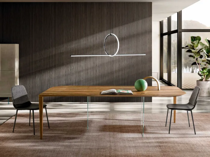 Tavolo P&J in legno naturale con base in vetro e legno di Lago