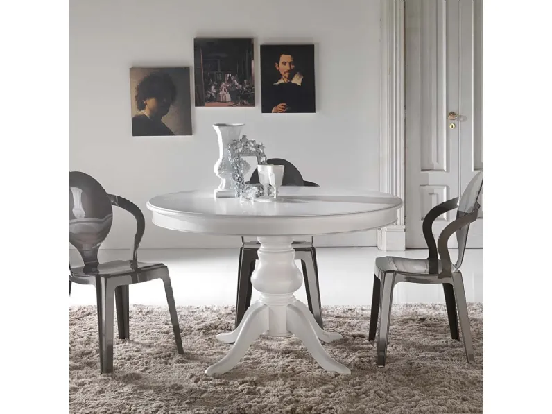 Tavolo rotondo allungabile Re-Style impiallacciato tanganika in tinta con base in Faggio massello laccato bianco uniforme di La Seggiola