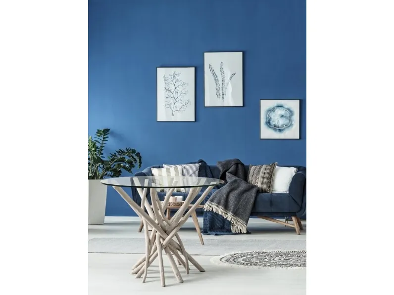 Tavolo in vetro con base in rami di Teak Sahel di Bizzotto