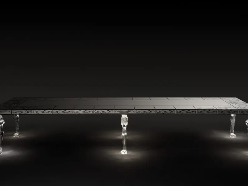 Tavolo San Marco 72 con gambe in vetro illuminate a led e piano rivestito di formelle a specchio di Reflex