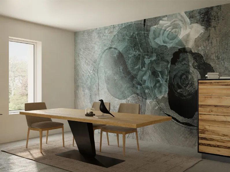 Tavolo Simple Blues con top in legno listellare impiallacciato e base in ferro inclinata e decentrata di Riva1920