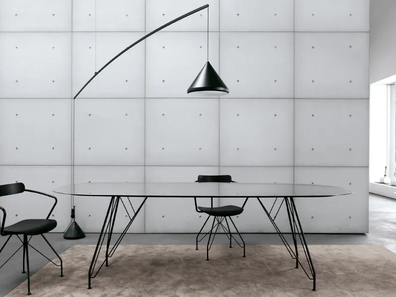 Tavolo ovale con top in HPL Inox e telaio in acciaio nero T11 configurazione 02 di Extendo