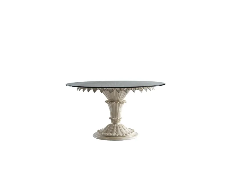 Tavolo rotondo 3360 con top in vetro e base in legno finitura decapè e mecca di Silvano Grifoni