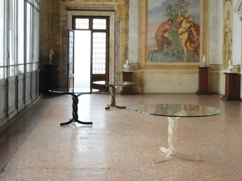 Tavolo rotondo con top in vetro e base in vetro di Murano colorato Torsades 72 di Reflex