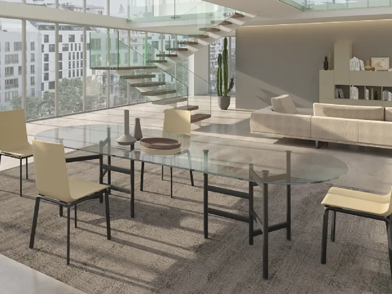 Tavolo Tree con top in cristallo trasparente e base in metallo di Dexo