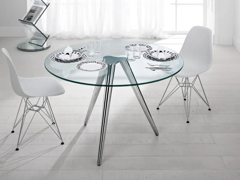 Tavolo rotondo con piano in vetro e basamento in metallo Unit di Tonelli