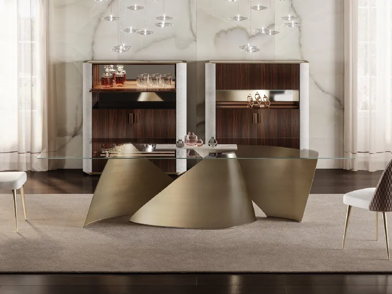 Tavolo di design con top in vetro e basi in metallo curvato in finitura satinata Vele 72 di Reflex