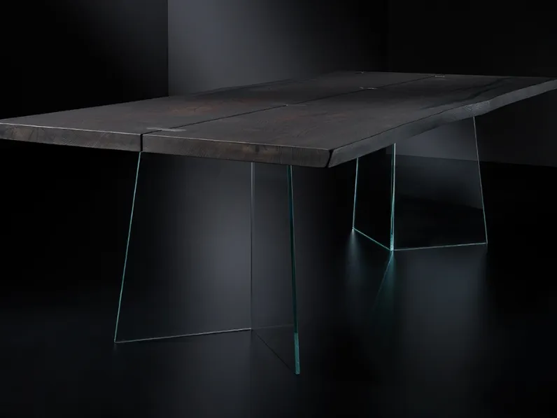 Tavolo Vero V Glass con top in legno massello e base in vetro extra chiaro di Arte Brotto