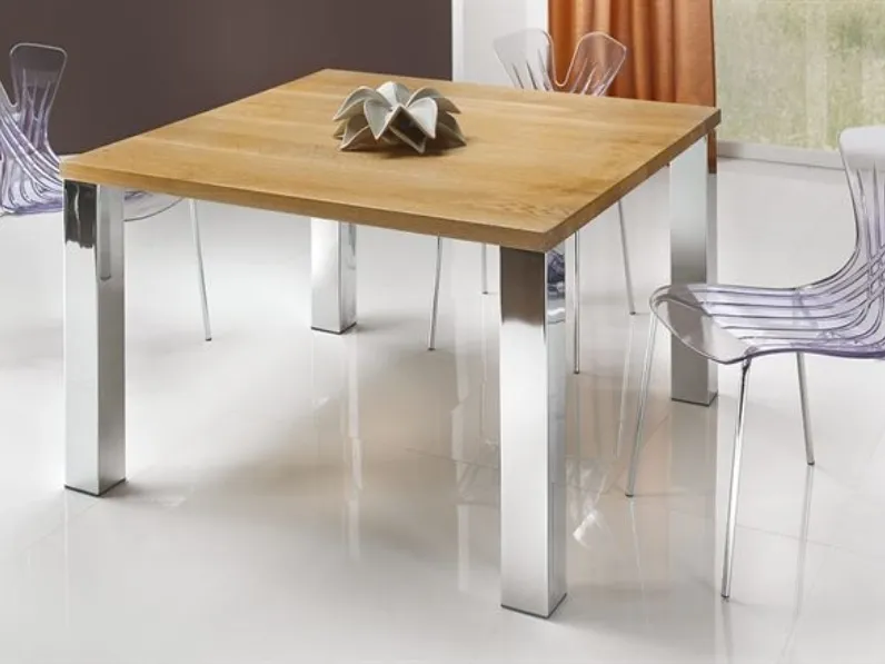 Tavolo quadrato in legno massello con gambe in acciaio lucido Vivido 4268 di Conarte
