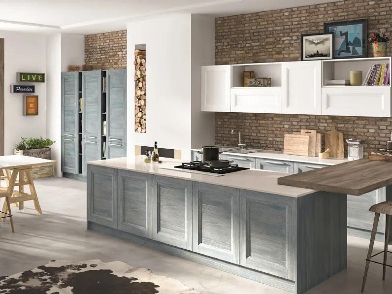 Cucina Classica con penisola Alba in Frassino finitura Denim di Essebi