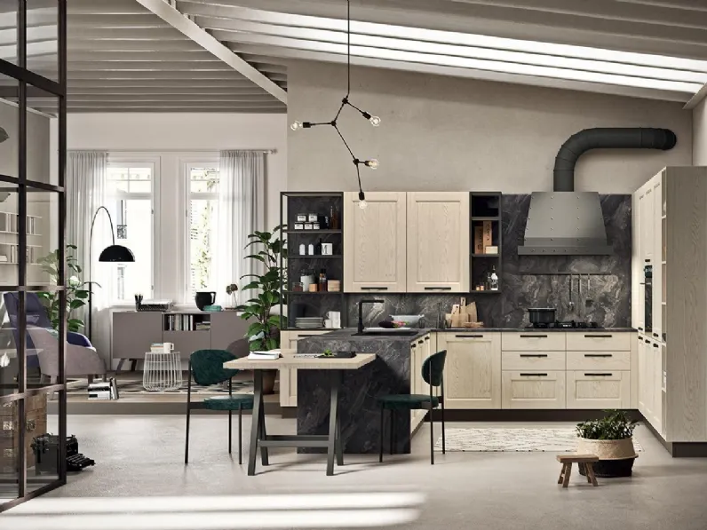Cucina Classica con penisola Epoca Industrial 09 in Frassino Panna Fiorentino e laminato effetto Marmo di Astra