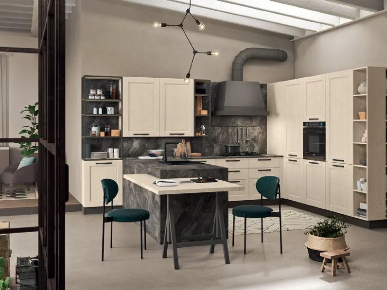 Cucina Classica con penisola Epoca 05 in Frassino Panna Fiorentino e laminato effetto Marmo di Astra