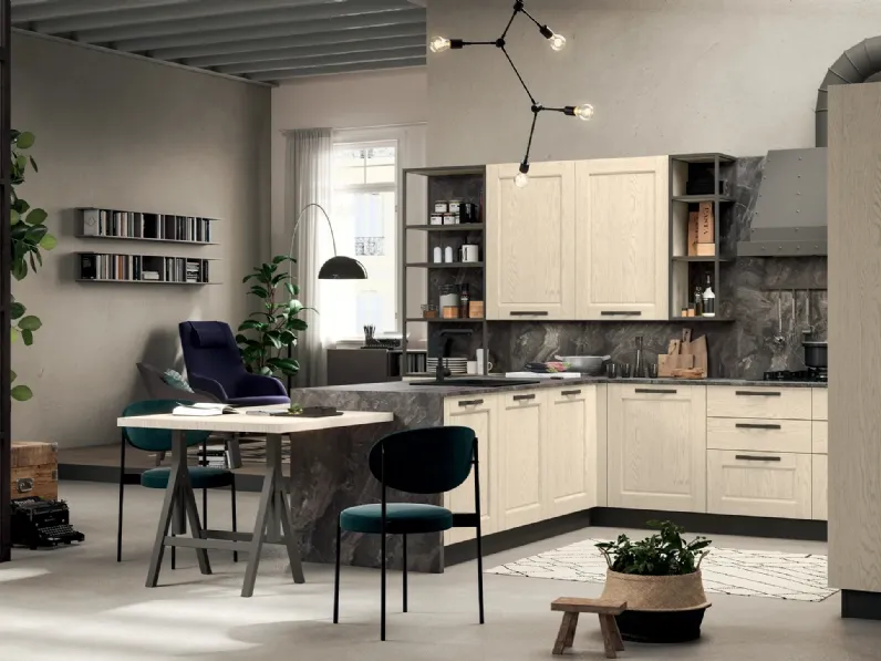 Cucina Classica con penisola Epoca Industrial 09 in Frassino Panna Fiorentino e laminato effetto Marmo di Astra